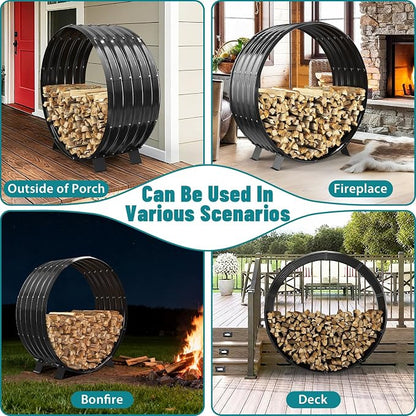Round Heavy Duty Firewood Rack – Galvanized Wave-Shaped Steel with 4 Sturdy Legs – 0.8mm Thick Black Coated – Indoor or Outdoor Wood Holder for Fireplace,Patio & Deck Fire Pit (3.3FT Diameter)