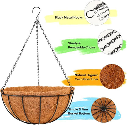 HKZ Hanging Basket Planter Plants Outdoor - 4 Pack 14 Inch Metal Hanging Planter with Coco Liners, Chain Hook Hanging Flower Pots for Indoor Outdoor Garden Porch Decoration
