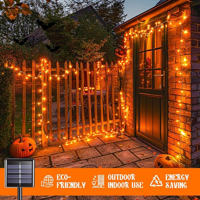 JMEXSUSS 2 Pack Solar Halloween Lights, Total 200 LED 66 FT, Orange | Halloween Lights Outdoor Waterproof, 8 Modes Solar String Lights for Outside Patio Christmas Tree Yard Halloween Decor
