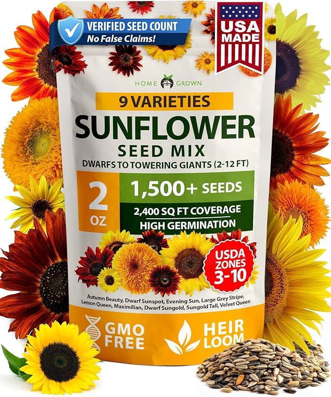 HOME GROWN Sunflower Seeds Mix Pack 1,500+ 9 Colorful Varieties of Sun Flower Seeds to Plant - 2-10ft Tall Plants, Pollinator Friendly, Easy to Grow, High Germination
