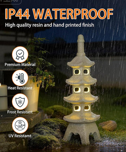 Nacome Solar Pagoda Garden Statues: 25.6 inches Multi-Layer Outdoor Weatherproof Resin Zen Decor for Landscape Balcony Patio Porch Yard Ornament(Gray)