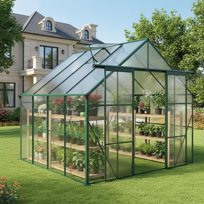 8x8 FT Greenhouse, Walk-in Polycarbonate Greenhouses with Double Sliding Doors, Aluminum Frame, Adjustable Roof Vent, Raised Base & Anchor, Outdoor Backyard Greenhouse for All Seasons, Green