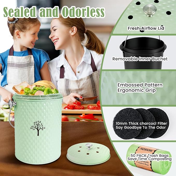 AOSION Countertop Compost Bin, Odor-Free Food Waste Container with 50 Bags | 1 Gallon Container,2 Carbon Filters,Compost Bucket, coffee grounds