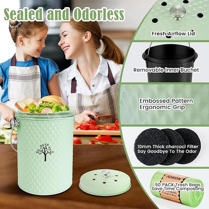 AOSION Countertop Compost Bin, Odor-Free Food Waste Container with 50 Bags | 1 Gallon Container,2 Carbon Filters,Compost Bucket, coffee grounds