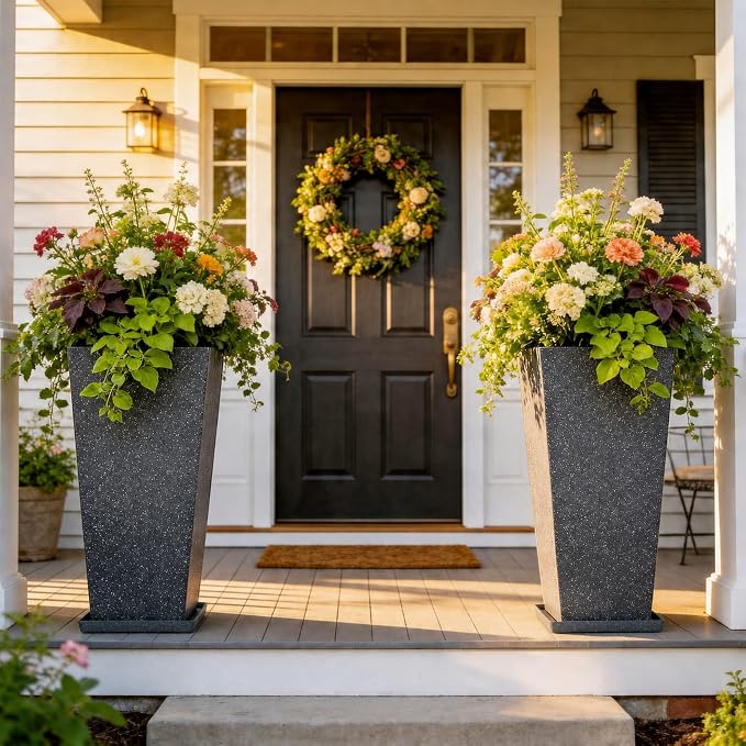 Autodaya 28" Tall Planters Set of 2 Black Terrazzo Plastic Flower Pots | Large Weather-Resistant Planters for Patio, Porch, Garden, Front Door, Indoor Spaces, and Christmas Decor