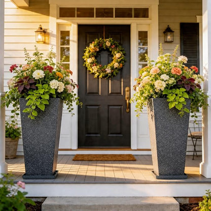 Autodaya 28" Tall Planters Set of 2 Black Terrazzo Plastic Flower Pots | Large Weather-Resistant Planters for Patio, Porch, Garden, Front Door, Indoor Spaces, and Christmas Decor