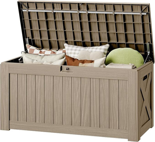 130 Gallon Deck Box Outdoor Indoor Waterproof Storage Box for Patio Furniture, Pool Accessories, Garden Tools, and Cushion Storage, Coffee