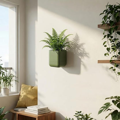 Phoenix Vine 4.5 Inch Wall Mounted Self-Watering Planter Pot for Indoor Houseplants and Herbs | Hanging Planter for Window Sills, Bathroom Walls, Home & Office Décor, Olive, Set of 2, 01-B-F-2