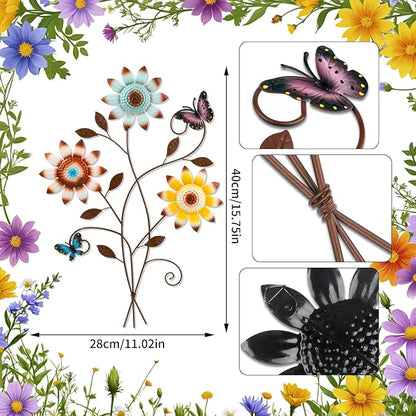 Detene Metal Sunflower Wall Decor with Butterfly 3D Colorful Outdoor Wall Art Fence Decorations for Patio Metal Flowers Wall Hanging Ornament for Garden Porch Living Room Balcony Farmhouse（Restocking soon）