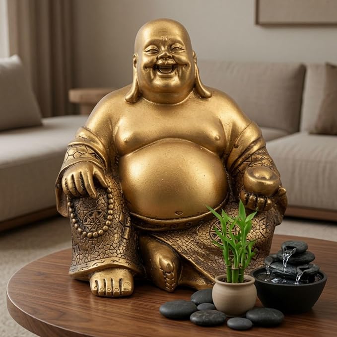 Bellaa Laughing Buddha Statue - 6 Inch Feng Shui Happy Monk Budai Hotei Figurine for Wealth, Luck & Happiness - Chinese Buddhist Zen Decor Copper Gold Finish Resin 21770