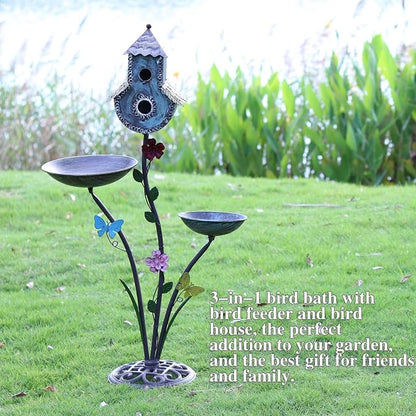 HLQMFHT 38" H Birdbaths for Outdoors,Metal Bird Feeder and Bird Houses for Outside,3-in-1,Garden Yard Decor