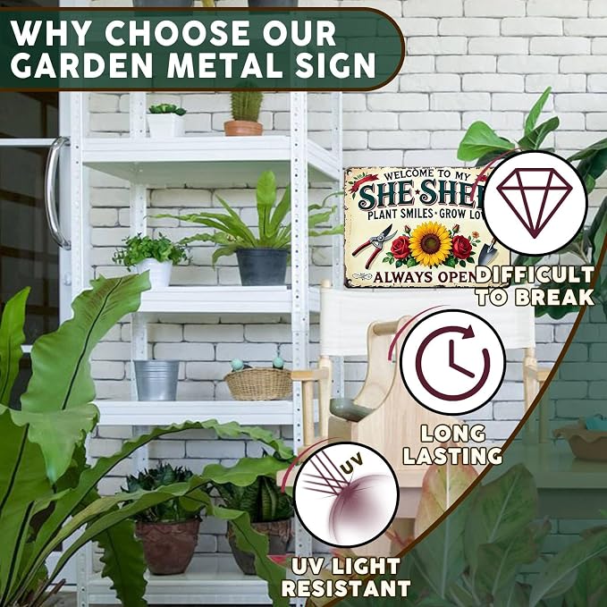 PEACHGARDEN Garden Decor She Shed Wall Art Decor Welcome To My She Shed Garden Metal Sign for Greenhouse Plantroom Yard Patio 12x16 inch
