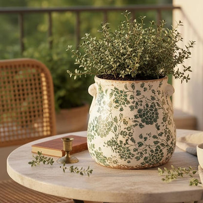 Tuscan Ceramic Planters & Kitchen Utensil Holder, 6.68" Vintage Plant Pots | Flower Pot with Drainage for Indoor/Outdoor, Country Cottage Vase for Home Garden Decor, Gifts for Plant Lovers, Cyan