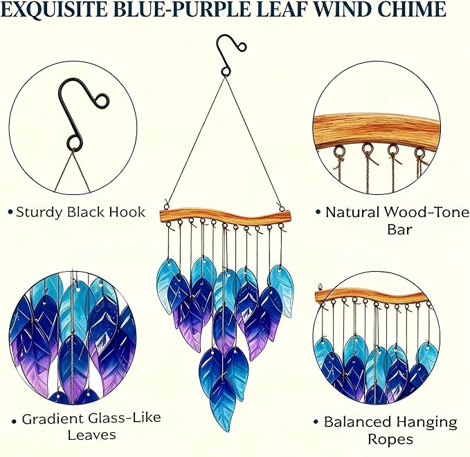 Wind Chimes Blue Glass Leaves, Garden Wind Chime for Home, Party, Festival Decor, Glass Garden Patio Yard Porch Decoration Indoor/Outside, Lifelike Leaf Style