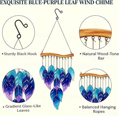 Wind Chimes Blue Glass Leaves, Garden Wind Chime for Home, Party, Festival Decor, Glass Garden Patio Yard Porch Decoration Indoor/Outside, Lifelike Leaf Style