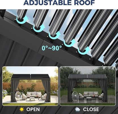10' x 12' Louvered Pergola, Aluminum Frame Outdoor Pergola with Curtains & Netting, Adjustable Louvered Roof & Integrated Gutter System, Hardtop Patio Gazebo for Backyard, Patio, Garden, Dark Gray