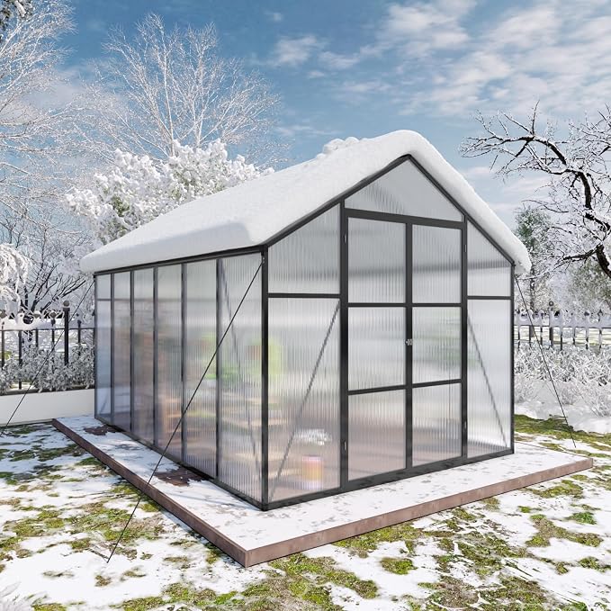 8x12 FT Greenhouse, Walk-in Outdoor Heavy Duty Polycarbonate Greenhouse with Raised Base & Anchor, Aluminum Frame, High Headroom & Drainage System for Backyard All Season Growing, Black