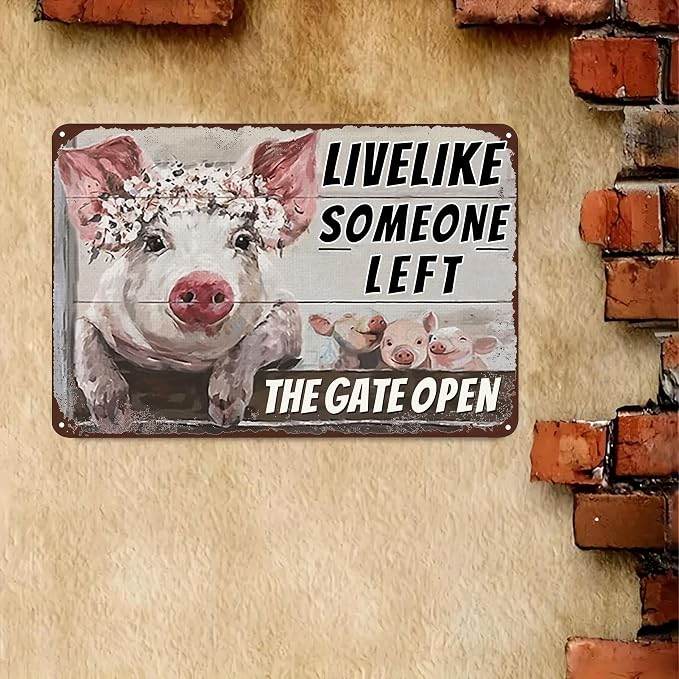 Vintage Metal Farm Signs-Funny Pigs Decor Sign Live Like Someone Left The Gate Open Tin Sign for Home Farm Fence Kitchen Bedroom Wall Decor 8x12 inches