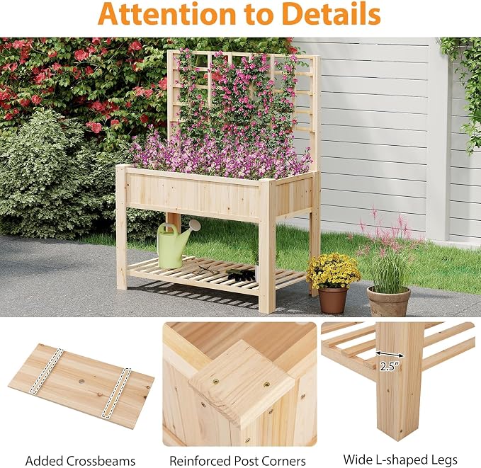 Giantex Raised Garden Bed with Trellis, Wooden Elevated Planter Box with Legs, Drainage Holes for Climbing Plants Vines Vegetables Flowers Herbs, Outdoor Horticulture Planter for Patio Backyard