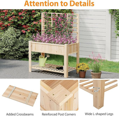 Giantex Raised Garden Bed with Trellis, Wooden Elevated Planter Box with Legs, Drainage Holes for Climbing Plants Vines Vegetables Flowers Herbs, Outdoor Horticulture Planter for Patio Backyard