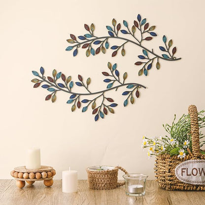 Hotop 2 Pieces Metal Tree Leaf Wall Decor Vine Olive Branch Leaf Wall Art Wrought Iron Scroll Sculptures Above the Bed, Living Room, Outdoor Decoration(Classic Style,Bright Color)