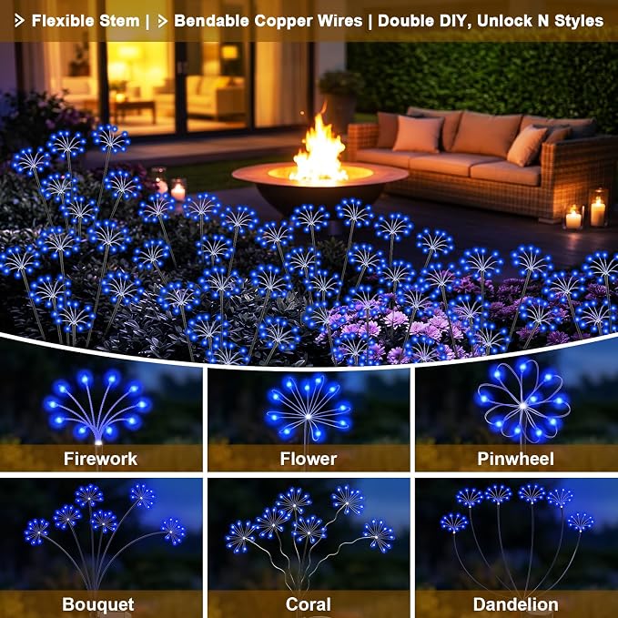 Solar Garden Lights Outdoor, 2 Pack New Upgraded Solar Swaying Starburst Light, Waterproof Fireworks Solar Lights, Yard Patio Pathway Decoration, Blue