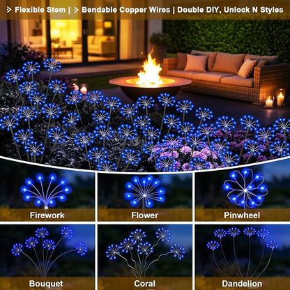 Solar Garden Lights Outdoor, 2 Pack New Upgraded Solar Swaying Starburst Light, Waterproof Fireworks Solar Lights, Yard Patio Pathway Decoration, Blue