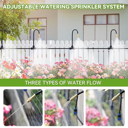 Drip Irrigation System Kit with 12 Pcs Adjustable Brass Nozzles & Bendable Spay Arm, 60ft Garden Watering Misting System for Outdoor Raised Bed, Potted Plant, Yard, Greenhouse