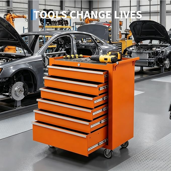 IDEALHOUSE Rolling Tool Chest, 6 Drawers Tool Storage Cabinet, Toolbox with Wheels, Portable Tool Cabinet Organizer with Locking System & Drawer Liners, Tool Storage Cart for Garage, Workshop, Orange