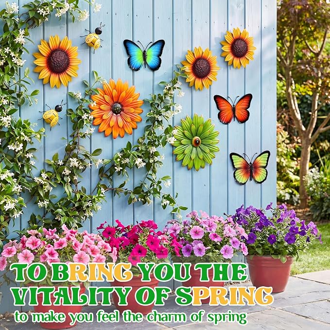 Therwen 10 Pcs Metal Wall Art Decor for Outside 3D Metal Sunflower Bee Butterfly Backyard Decorations Hanging Outdoor Wall Art Multicolored Flowers for Garden Fence Patio Yard Outdoor Porch