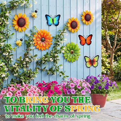 Therwen 10 Pcs Metal Wall Art Decor for Outside 3D Metal Sunflower Bee Butterfly Backyard Decorations Hanging Outdoor Wall Art Multicolored Flowers for Garden Fence Patio Yard Outdoor Porch