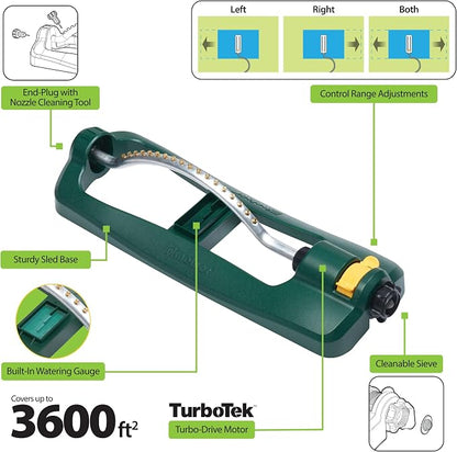 Melnor 65132AMZ Turbo Oscillating Sprinkler with Watering Gauge, Covers Up to 3,600 Sq. Ft., 18 Brass Nozzles, Adjustable Watering Range, Quick Connect Bundle, Green, Yellow