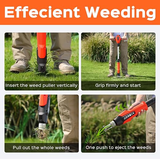 Weed Puller Tool, 21V Powerful Electric Weeder Tool with 2.0Ah Battery and Charger, Garden Tools Weed Pulling Tool with 3-Claw Steel Head for Smooth Weeding, Ideal Gifts for Men Women Mom Dad, Orange