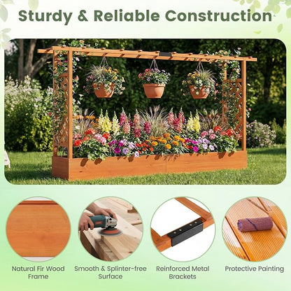 Giantex Wooden Raised Garden Bed with Trellis & Hanging Roof, 2 Pack Fir Wood Planter Box, 45” Freestanding Elevated Garden Bed for Outdoor Climbing Plants Vegetables Flowers, Patio & Balcony, Orange