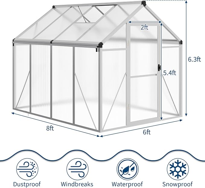 6x8 FT Greenhouse, Greenhouses for Outside, Polycarbonate Greenhouse with Aluminum Frame, Lockable Door and Ajustable Roof Vent for Backyard, Green Houses for Outside Garden Backyard, Patio