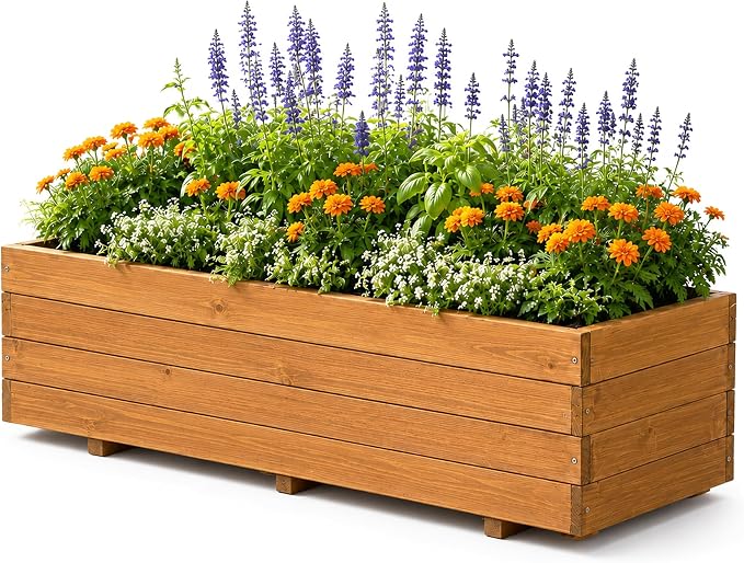 Fir Wood Raised Garden Bed Rectangular Planter for Outdoor Tomato Planter | For Herbs & Flowers Garden Includes Fabric Planter Liner, 4 Drainage Holes