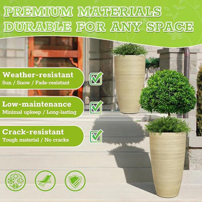 ZMTECH 2-Pack Large Tall Planters with Saucer - 6.8 Gallons /12x21 Inch Faux Stone Finish Round Flower Pots for Indoor Plants, Outdoor Patio & Porch Decor, Unbreakable Plant Containers Beige