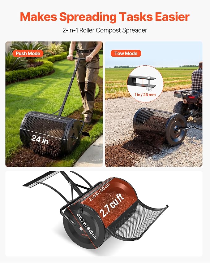 VEVOR Compost Spreader, 24" Wide Peat Moss Spreader with Push/Tow Handle & Brush, 4 Heights Adjustable, Powder-Coated Steel Garden Peat Moss Roller, Heavy Duty Grass Seed Roller for Planting Seeding