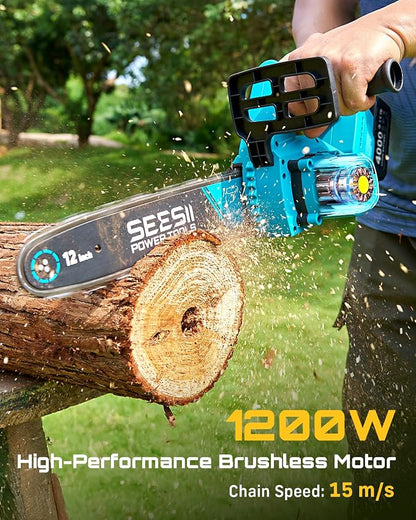 SEESII 12-Inch Electric Chainsaw Cordless, Brushless Motor | 2 x 4.0Ah Battery, Auto Oiling, Tree Saw with Tool-free Chain Tension, Wood Cutting Trimming Branch, Yard Work