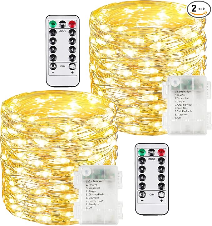 2 Pack 200 LED Fairy Lights Battery Operated with Remote, 8 Modes String Lights Indoor Outdoor, Cuttable Battery Light for Home Bedroom Wedding DIY Centerpiece Christmas Decorations (Warm White)