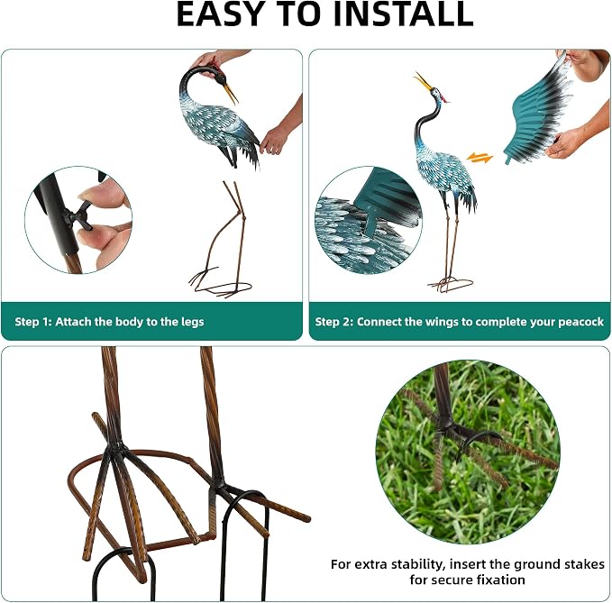 Extra-Large Crane Statue, 36.8" Handcrafted Metal Blue Heron Decor Sculptures with Stable U-Ground Stakes, Backyard Decoration, Metal Garden Bird Animal Yard Art, Lawn Ornament Decor