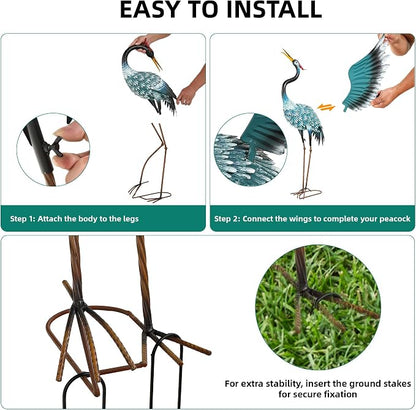 Extra-Large Crane Statue, 36.8" Handcrafted Metal Blue Heron Decor Sculptures with Stable U-Ground Stakes, Backyard Decoration, Metal Garden Bird Animal Yard Art, Lawn Ornament Decor