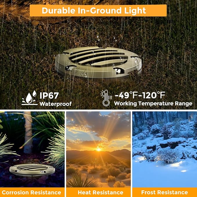 Gardencoin Brass Low Voltage Landscape Well Lights (5" Cover, 5.5" Tall), 12V LED Wired In-Ground Outdoor Up Lighting Fixture Waterproof, Adjustable Beam Direction Base, Without MR16 Bulb (12 Pack)