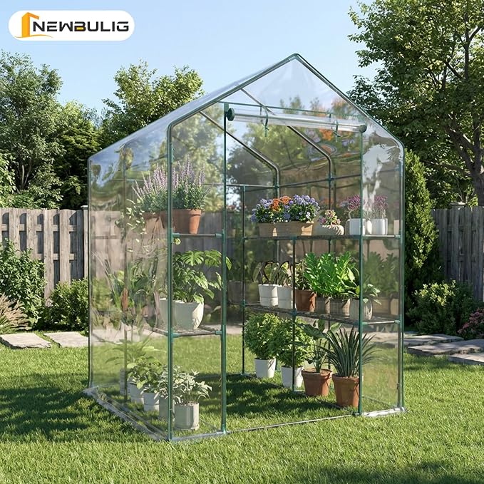 NEWBULIG Walk-in Greenhouse 56.3"x56.3"x76.7" Outdoor, Portable Greenhouse Kit with Thick PVC Cover & Roll-Up Zipper Door, Sturdy Steel Frame for Backyard, Patio, Garden, Clear