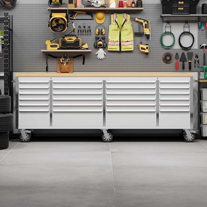 PeakPursuit 96" Rolling Tool Chest with 24 Drawers, Solid Rubber Wood Workbench Top, Locking Wheels & Key Lock, Mobile Garage Storage Cabinet for Workshop Organization, Silver