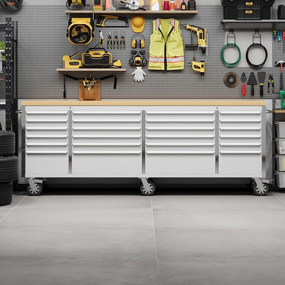 PeakPursuit 96" Rolling Tool Chest with 24 Drawers, Solid Rubber Wood Workbench Top, Locking Wheels & Key Lock, Mobile Garage Storage Cabinet for Workshop Organization, Silver