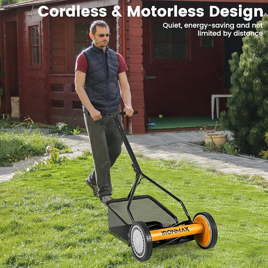 Goplus Manual Lawn Mower, 14 Inch 5-Blade Walk-Behind Cordless Grass Cutter with 7 Gallon Removable Grass Collect Bag, Adjustable Cutting Heights, Push Reel Lawn Mower for Yard, Garden
