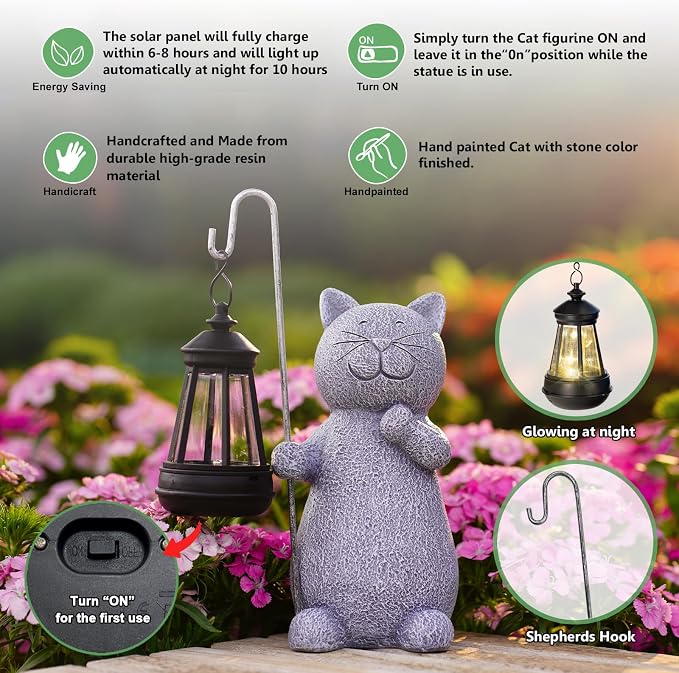 Qeeman Solar Cat for Garden Decor: Weatherproof Resin Statues | Warm Glow Lantern Outdoor Decoractions for Yard Pathway Patio Porch Balcony Front, Gifts for Mom Grandma Lovers