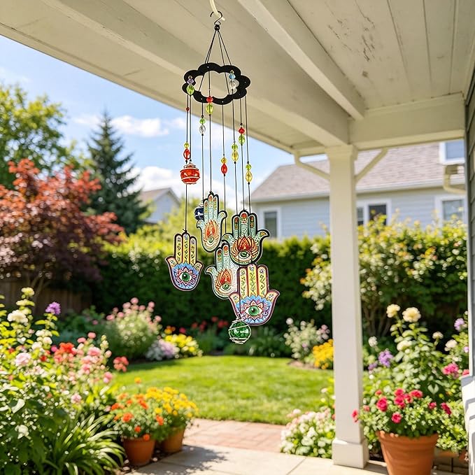 YU FENG 15 Inch Evil Eye Hamsa Wind Chimes, Outdoor Hanging Decor | Chakra Glass Beaded Design, Metal Windchime Ornament, Garden Patio Window Decoration, Spiritual Home Accent
