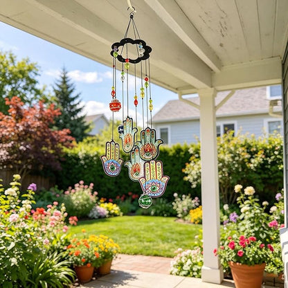 YU FENG 15 Inch Evil Eye Hamsa Wind Chimes, Outdoor Hanging Decor | Chakra Glass Beaded Design, Metal Windchime Ornament, Garden Patio Window Decoration, Spiritual Home Accent